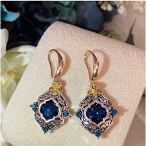Sapphire Gemstone Dangle Drop Earrings With Antiqued Style Setting NEW!